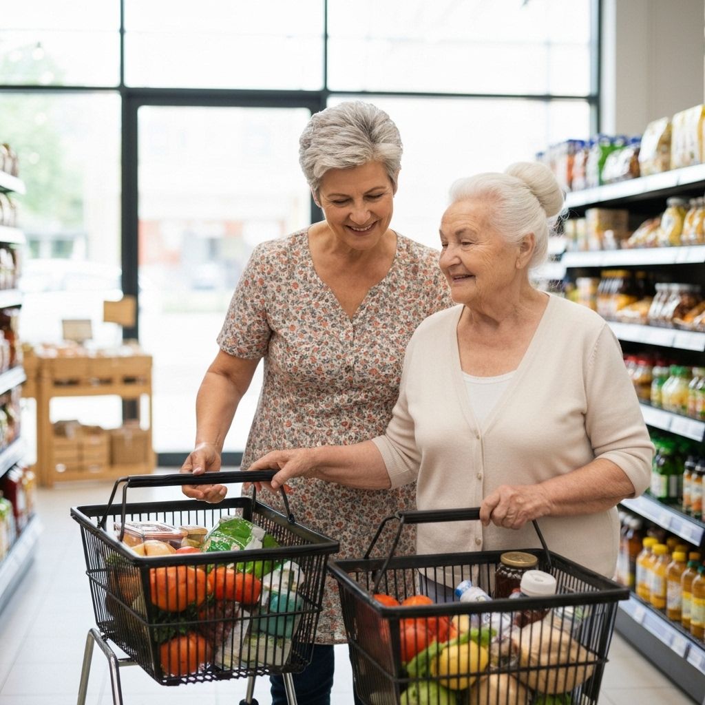 Betreuungskraft und Seniorin beim gemeinsamen Einkaufen im Supermarkt
