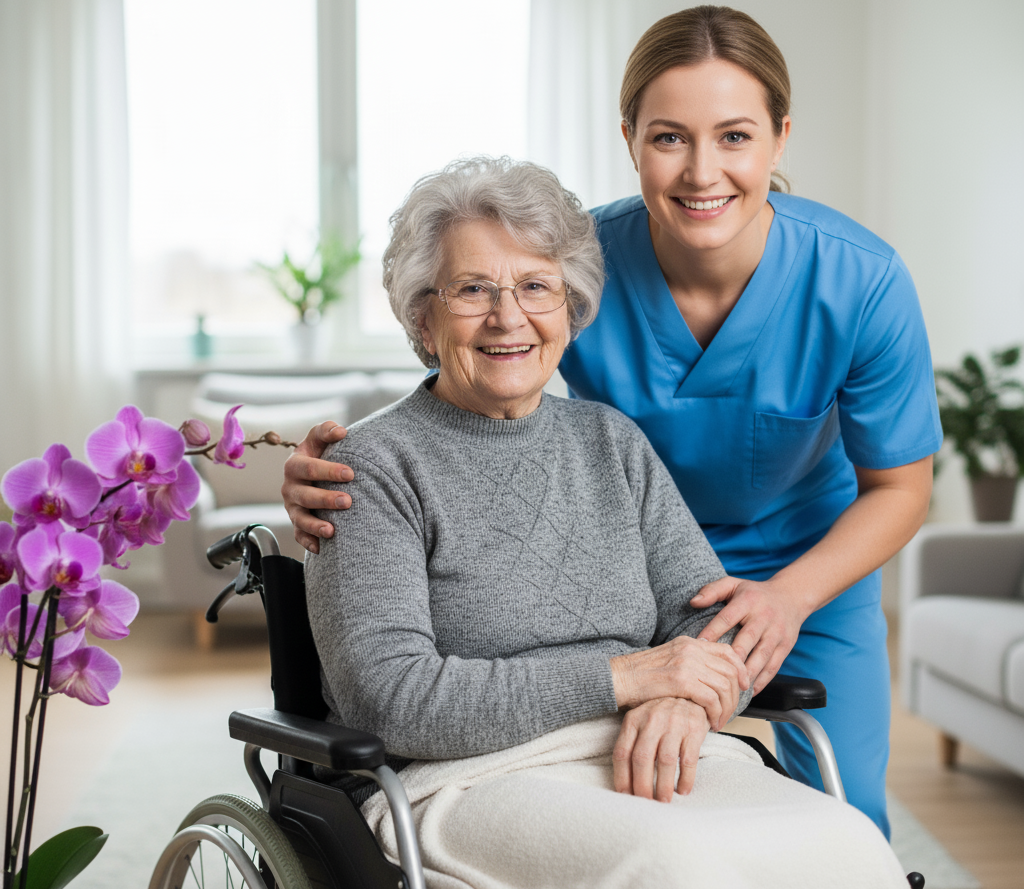 Polnische Betreuungskraft und deutsche Seniorin am Küchentisch bei gemeinsamer Mahlzeit