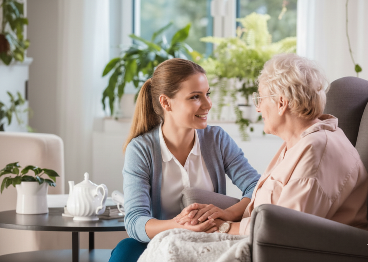 Erwachsene Tochter macht sich Sorgen um ihre älteren Eltern und sucht nach Betreuungslösungen