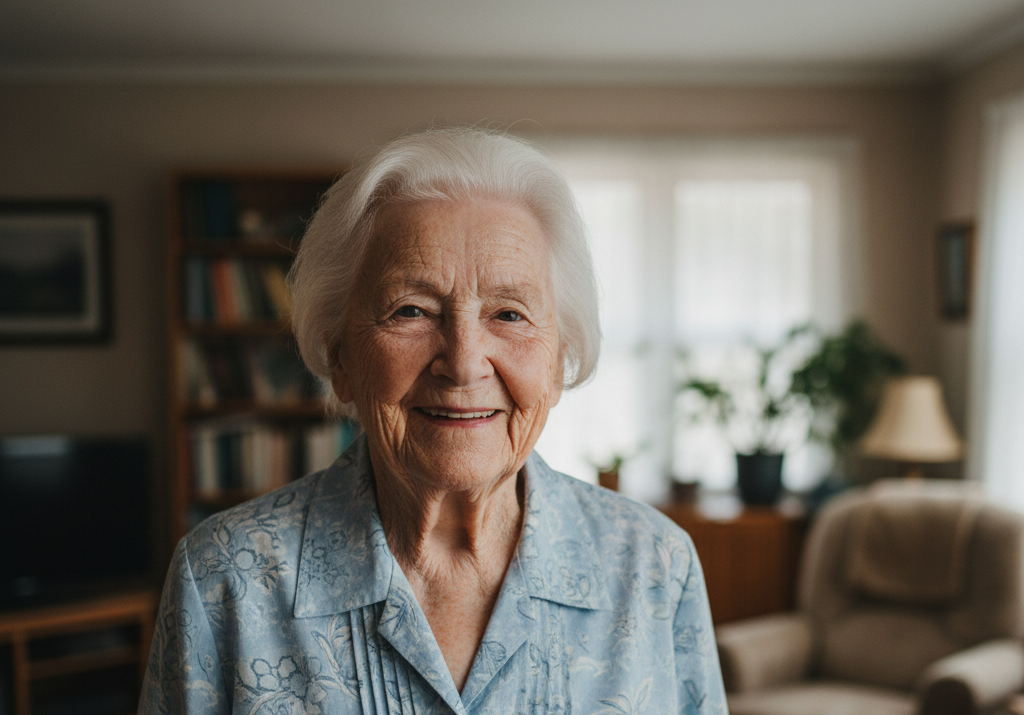 Seniorin Frau Bauer sitzt entspannt am Küchentisch mit ihrer polnischen Betreuungskraft