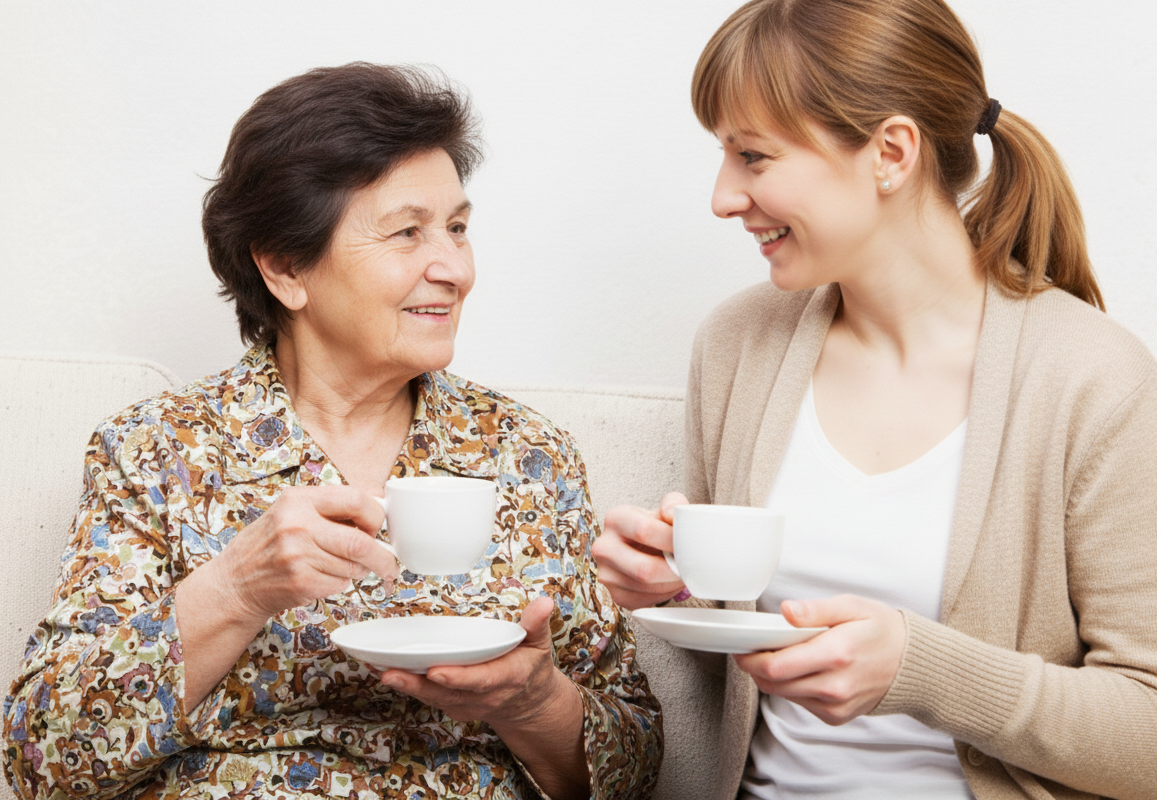 Seniorin genießt Tee mit Betreuungskraft in gemütlicher häuslicher Atmosphäre